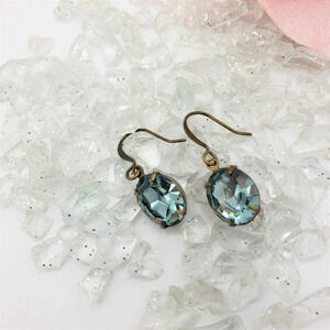 Blue Crystal Hanger Earrings w/ Bronze Casing